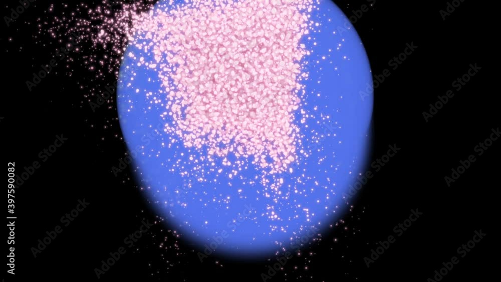 Poster abstract background of movement of shining light red particles against the background of a blue oval