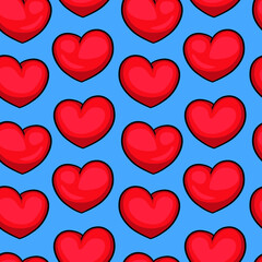 Red volumetric hearts on a blue background. Seamless texture
