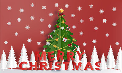 card or banner on Merry Christmas in red with a Christmas tree decorated with small white trees in front of a red background in gradient with white stars