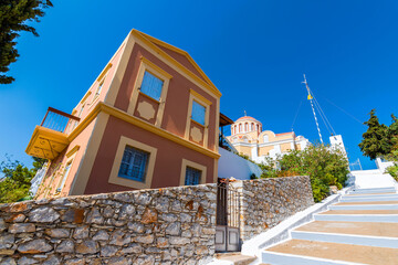 Colorful street view of Symi Island in Greece
