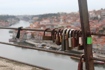 Bridge with rusty padlocks in Porto - Portugal