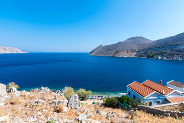 Symi Island harbour view in Greece.
