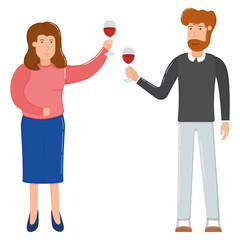 Lovely couple character female and male hold wine glass, holiday winter celebration solemn toast cartoon vector illustration, isolated on white.