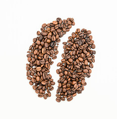 Сoffee bean made from roasted coffee beans on white background stock photo. Group of coffee beans