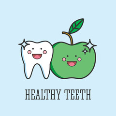 Dental care icon. Tooth icon. Vector outline illustration. Influence vegetables on tooth. Healthy teeth. Dental care logo. Vector outline illustration.