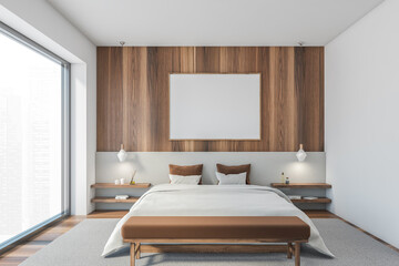 Mockup blank frame in wooden and white bedroom, big bed with linens
