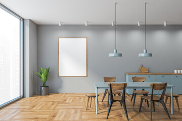 Mockup canvas in grey and wooden dining room with wooden furniture on parquet