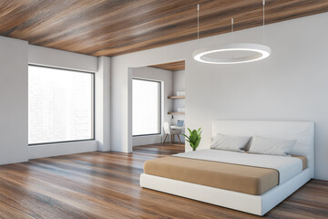 White and wooden bedroom with window, parquet and workplace with chair