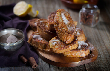 Traditional Spanish torrijas. Dessert for Christmas time or Pascua in Spain, horizontal orientation