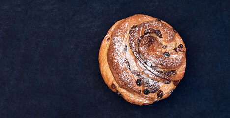 Christmas panettone with raisins, sprinkled with powdered sugar. Craffin isolated on dark background. Top view. Place for text.