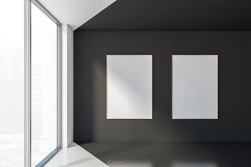 Two mockup canvas in black and white empty office room with window