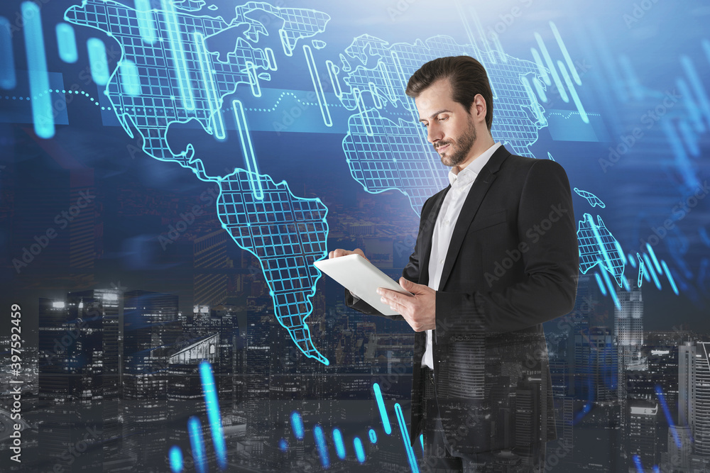 Poster man with tablet, map and graph