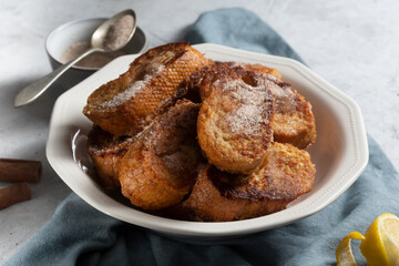 Traditional Spanish torrijas. Dessert for Christmas time or Pascua in Spain