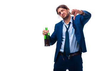 Young male employee alcoholic isolated on white
