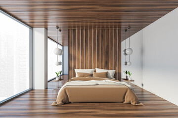 White and wooden master bedroom interior