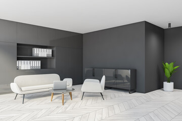 Minimalistic gray kitchen corner with table and sofa