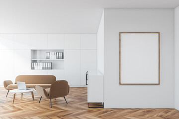 Minimalistic white panoramic kitchen with table, sofa and poster