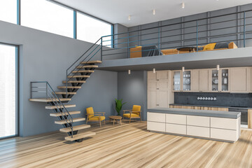 Gray kitchen corner with stairs
