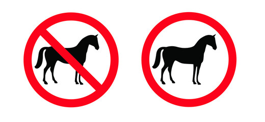 Warning zone, no horse riding. Forbidden sign symbol for situations where horse riding is not allowed. No traffic horses and rider area signs. Anti fox hunting concept. Stop halt allowed, no ban.