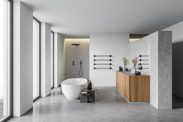 Modern white and wooden bathroom, side view