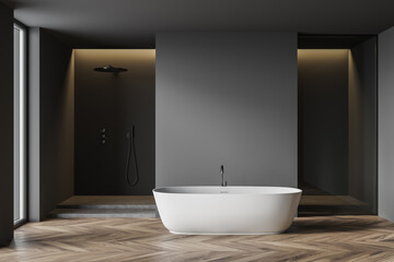 Obraz na płótnie Canvas Gray bathroom interior with tub and shower
