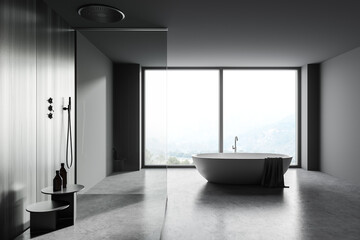 Gray and wooden bathroom interior with tub and shower