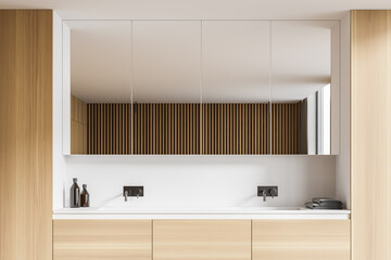Wooden and white bathroom with sink, close up