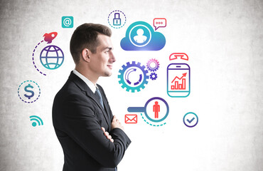 Confident man and cloud computing icons