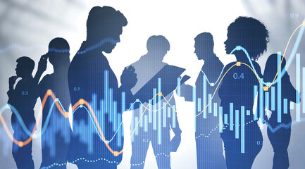 Diverse business team in city and graphs