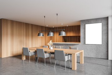 Concrete and wooden kitchen corner with poster