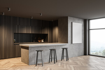 Concrete and dark wooden kitchen corner with bar and poster