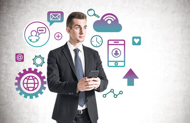 Man with phone and cloud computing