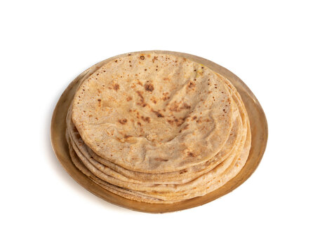 Indian Traditional Cuisine Chapati Also Know as Roti, Fulka, Paratha, Indian Bread, Flatbread, Whole Wheat Flat Bread, Chapathi, Wheaten Flat Bread, Chapatti, Chappathi or Kulcha on White Background