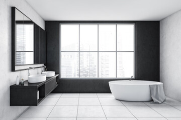 Grey and white bathroom with white bathtub, mirror and big window