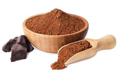 cacao powder in wooden scoop