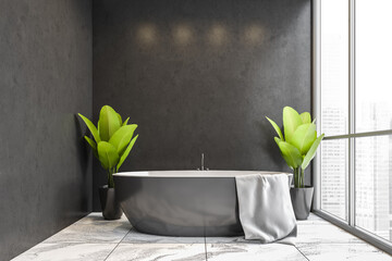 Panoramic gray bathroom interior with tub