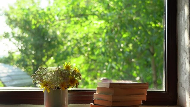 Bouquet of wild fresh meadow flowers in metal mug and stack of old paper books on windowsill of countryside cottage. Green natural foliage boke behind glass of window.