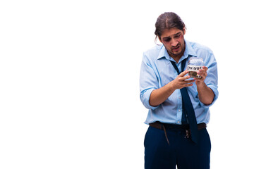 Unhappy young male employee in bankruptcy concept