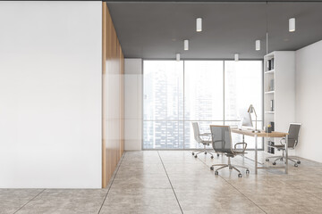Mockup copy space in light office consulting room with furniture and window