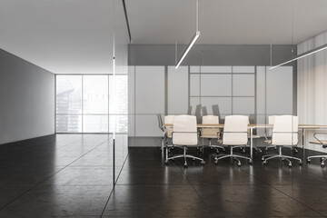 Fototapeta na wymiar Black and white conference room with leather armchairs with window