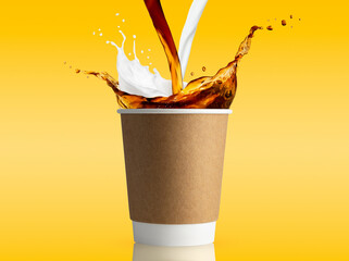 disposable cup with coffee and milk splashes