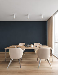 Dining room with four chairs and table near window, blue and wooden design