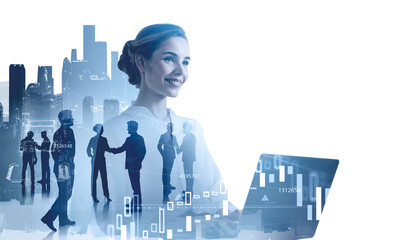 Woman with laptop and her business team