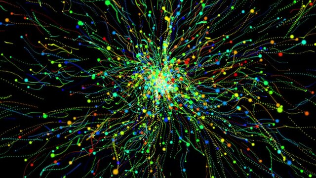 Abstract background of chaotic movement of shining red, green, yellow, blue, brown particles resembling fireworks against the black background of a vast outer space. 3d illustration.