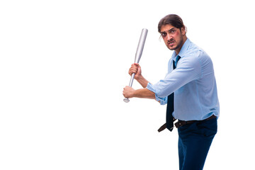 Young male employee holding baseball bat isolated on white