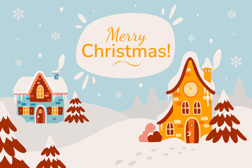 Greeting card merry christmas with cute houses in the snow