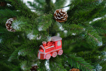 
christmas toy steam locomotive on the tree