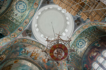 large chandelier in a large beautiful Orthodox church