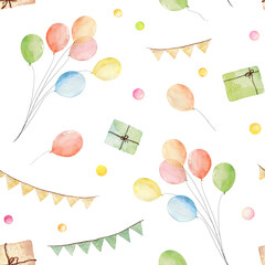 Watercolor seamless pattern with balloons and present boxes isolated on white background.