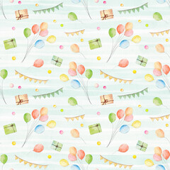 Watercolor seamless pattern with balloons and present boxes on striped background.
